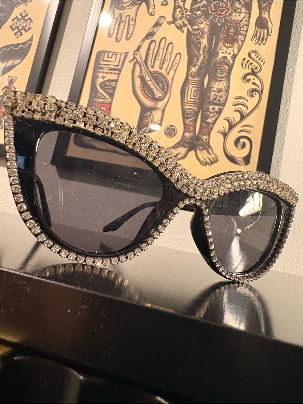 Crystal-Embellished Black Cat Eye Sunglasses